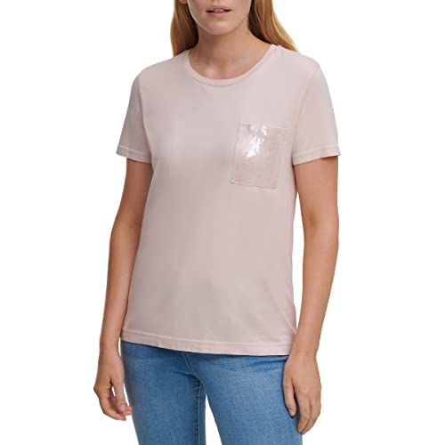 DKNY Sequin Pocket Cotton Blend-Camiseta de Manga Corta, Rosa, L para Mujer