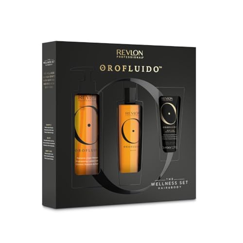 REVLON PROFESSIONAL OROFLUIDO Set de bienestar para cabello y cuerpo, champú de 240 ml, elixir de 100 ml y crema de 50 ml