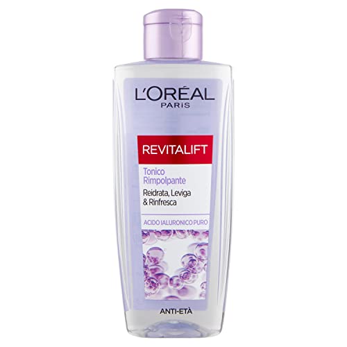 L'Oréal Paris Tónico repulidor Revitalift Filler, acción limpiadora antiedad con ácido hialurónico puro, 200 Ml