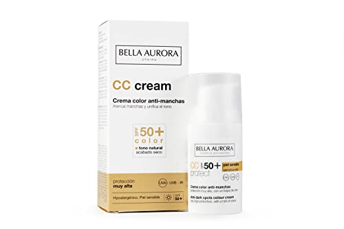 BELLA AURORA - Crema Color Anti-Manchas 30 ml, Crema Facial con Color SPF 50+, para Piel Sensible, Color-Adapt System, Previene el Envejecimiento Prematuro , CC Cream Antimanchas