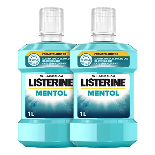 Listerine Mentol (pack de 2 x 1 L), enjuague bucal con flúor, colutorio bucal con 24 horas de protección, elixir bucal mentolado para un aliento fresco duradero