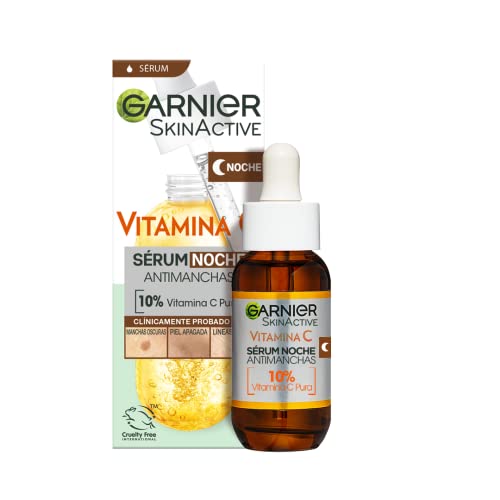 Garnier Sérum de Noche Antimanchas con 10% de Vitamina C Pura. Resultados clínicamente probados en manchas oscuras, piel apagada y líneas finas.