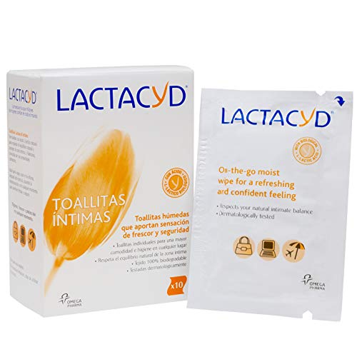 Lactacyd Toallitas húmedas - Higiene íntima - Aporta sensación de frescor y seguridad - 100% biodegradable - con ácido L-láctico natural - 10 toallitas individuales