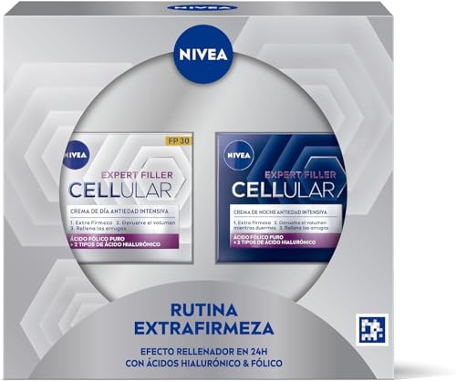 NIVEA Hyaluron Cellular Filler (2 x 50 ml), pack de cremas antiedad, set de regalo con crema de día FP30 y crema de noche, cremas reafirmantes con ácido hialurónico