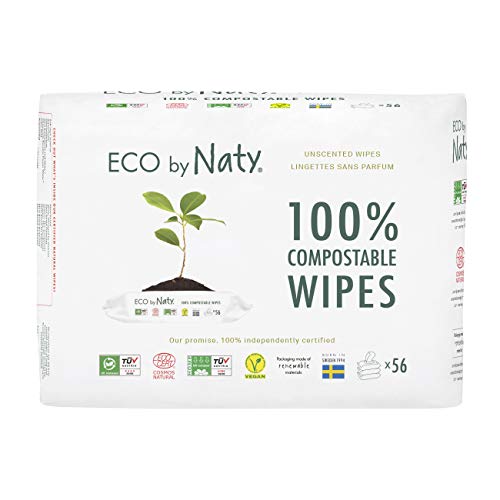 Eco by Naty Toallitas para bebé sin perfume - Toallitas húmedas 100% compostables y de origen vegetal, buenas para bebés y recién nacidos de piel sensible (168 unidades - 3 paquetes de 56)