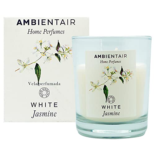 Ambientair Home Perfume. Vela aromática White Jasmine, ambientador de jazmín, Vela aromática para casa, Aromaterapia, Vela en vaso de cristal para interiores. Duración 30 horas.