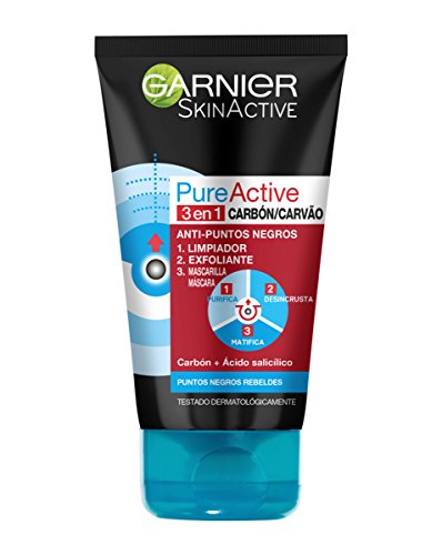 GARNIER Skin Active - Pure Active, Gel Limpiador de Poros y Exfoliante Facial con Carbón 3 en 1, 150 ml