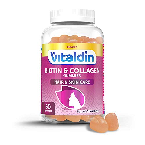 VITALDIN Biotina + Colágeno gummies - Suplemento de Belleza - 2.500 mcg de Biotina, Vitaminas C y E - 60 gominolas, sabor a Cítricos - Ayuda a Mantener el Cabello y la Piel - Sin Gluten