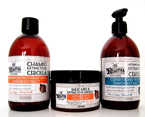 Lote compuesto por: Champú 500 ml + Mascarilla capilar 300 ml + Acondicionador 500 ml |con extracto de cebolla| compatible con Mirebotica
