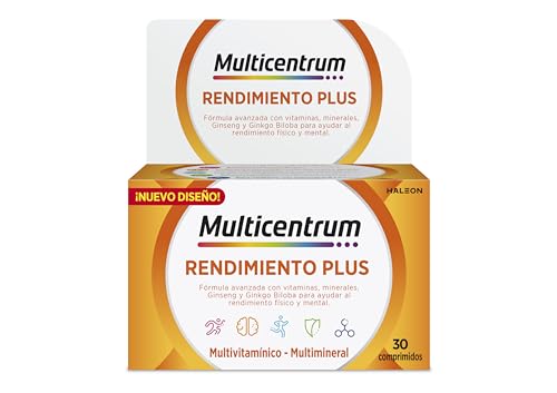Multicentrum Plus Complemento Alimenticio Multivitamínico y Multimineral Con Ginseng y Ginkgo Biloba Para Adultos, Sin Gluten, 30 Comprimidos
