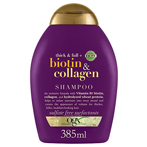 OGX Biotin & Collagen Shampoo (385 ml), champú de biotina, colágeno y proteína de trigo hidrolizada, sin sulfatos ni parabenos, voluminizador y texturizador de cabello (el paquete puede variar)
