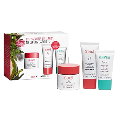 Clarins 3 Piece My Clarins essentials skin care kit glowing skin cleansing gel 30ml hydrating 50ml cream relaxing mask travel gift boxed