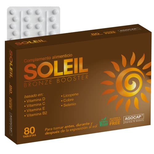 Soleil suplemento de acelerador bronceado. 80 tabletas betacaroteno, Cobre, Selenio, Licopeno, Vitamina C. Pastillas proteccion solar, mantiene la piel dorada.