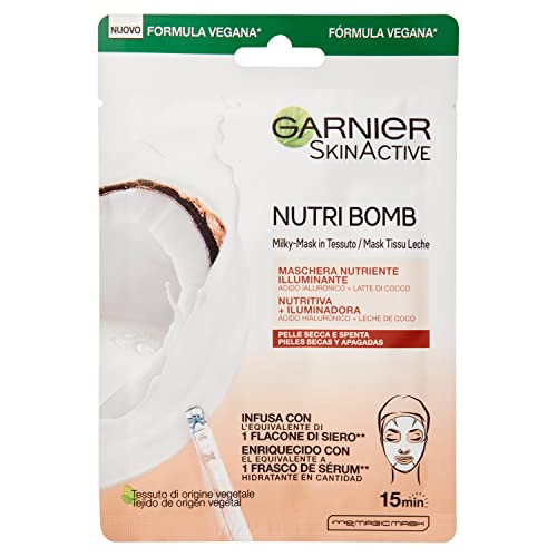 GARNIER Skin Active Nutri Bomb Milky Mask Tissu Iluminadora Mascarilla de Tejido con Leche de Coco y Ácido Hialurónico para Pieles Secas y Apagadas 28 g