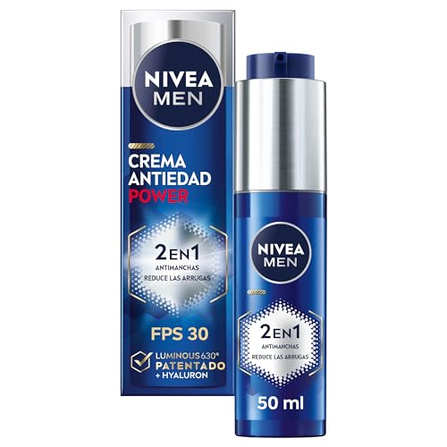 NIVEA MEN Power Crema Hidratante 2 en 1 Antimanchas y Antiarrugas (1 x 30 ml), crema facial antiedad con protector FP30, crema solar con Luminous 630 y ácido hialurónico
