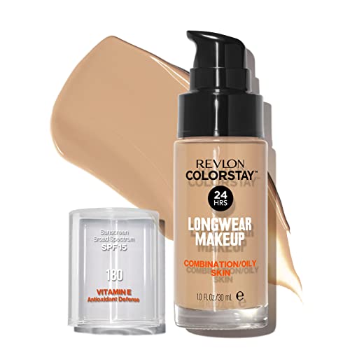Revlon Color Cosmetics ColorStay Base de Maquillaje 24H, para Piel Mixta/Grasa, Fórmula Enriquecida con Vitamina E, SPF 15, Resistente al Agua (Tono #180 Sand Beige) - 30 ml