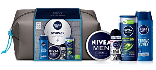 NIVEA MEN Gympack: neceser de regalo con gel de ducha (250 ml), champú (250 ml), desodorante roll on (50 ml) y Crema (75 ml)
