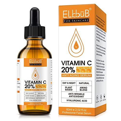 ELBBUB Suero Facial Puro con 20% Vitamina C, ácido hialurónico, Vitamina B para Suero Anti edad para Rostro, Cuello y Contorno de Ojos, 60 ml