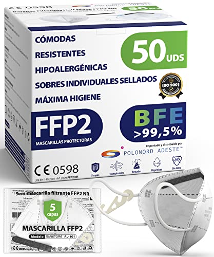 ADESTE - 50 Mascarillas FFP2 Blancas con Certificado CE, cadena controlada, elásticos cómodos, hipoalergénicos y regulables. Seguras: potencia de filtrado BFE 99,5%. Sobres individuales sellados