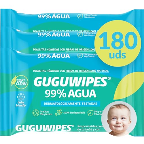 Guguwipes Toallitas húmedas para bebé 99% agua sin plástico - 180 uds (pack 60x3) - Fibras origen 100% natural