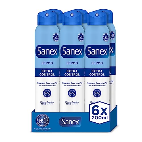 Sanex Dermo Extra Control Desodorante Spray, Pack 6 Uds x 200 ml, con Óxido de Zinc Antibacteriano, hasta 48H de Protección contra el Sudor y el Olor, Restaura el pH Natural de la Piel