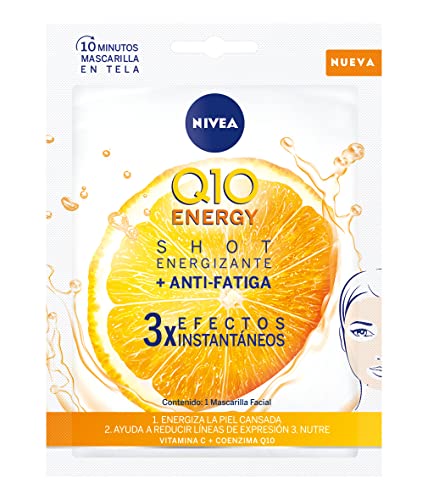 NIVEA Q10 Energy Mascarilla de Tejido con Vitamina C (1 ud), mascarilla antiarrugas con 3 efectos instantáneos, mascarilla facial con coenzima Q10 y vitamina C