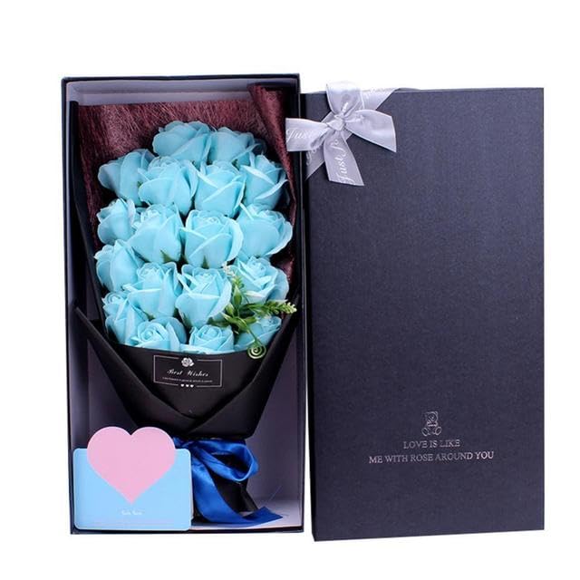 ZEYRU 18 Unids/Caja Caja de Flores de Jabón Artificial Caja de Regalo del Día de San Valentín Pétalos de Flores de Jabón Perfumado Romántico de Larga Duración con Caja-Azul Claro