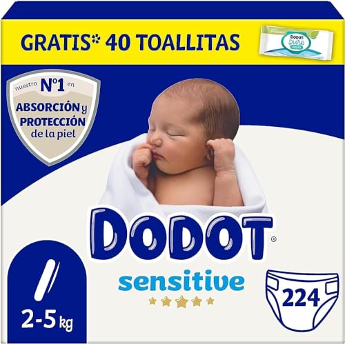 Dodot Pañales Bebé Sensitive Talla 1 (2-5 kg), 224 Pañales + 1 Pack de 40 Toallitas Gratis Aqua Plastic Free, Absorción y Protección de la Piel de Dodot, Pack Mensual
