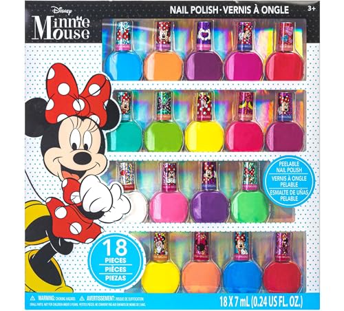 Townley Girl Disney Minnie Mouse Set de esmalte no tóxico Peel-Off para niñas, colores brillantes y opacos, 18 pzs|para fiestas de pijamas y maquillajes|Regalo de cumpleaños. Apto +3 años.