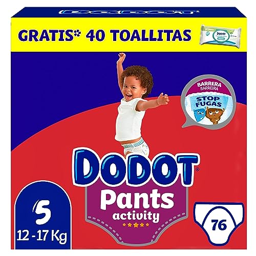Dodot Activity Pants Pañal-Braguita Talla 5, 76 Pañales, 12kg - 17kg + 1 Pack de 40 Toallitas Gratis Cuiado Total, Pack Mensual