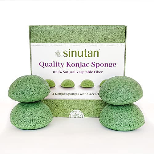 Sinutan® | Esponja Facial Konjac | 100% Natural (Juego de 4) con Extracto de Té Verde | Esponja Konjac Redonda para Exfoliación y Limpieza Suave de Poros | Cara y Cuerpo