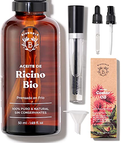 Bionoble Aceite de Ricino Orgánico 50ml - 100% Puro y Prensado en Frío - Pestañas, Cejas, Cuerpo, Cabello, Barba, Uñas - Botella de Vidrio + Pipeta + Bomba + Kit de Rímel