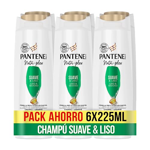 Pantene Champú Suave Y Liso Nutri-Plex, fórmula Pro-V + Antioxidantes, Para Cabello Encrespado y Rebelde, 6 x 225 ML