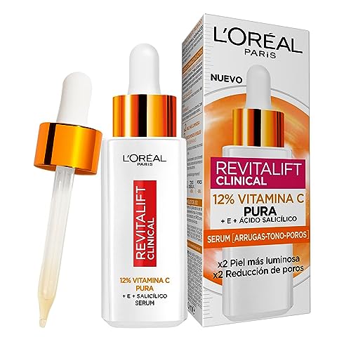 L'Oréal Paris Sérum Facial 12% Pura Vitamina C , Piel más luminosa y poros menos visibles, Reduce las arrugas, la despigmentación y los poros, Revitalift Clinical, 30 ml