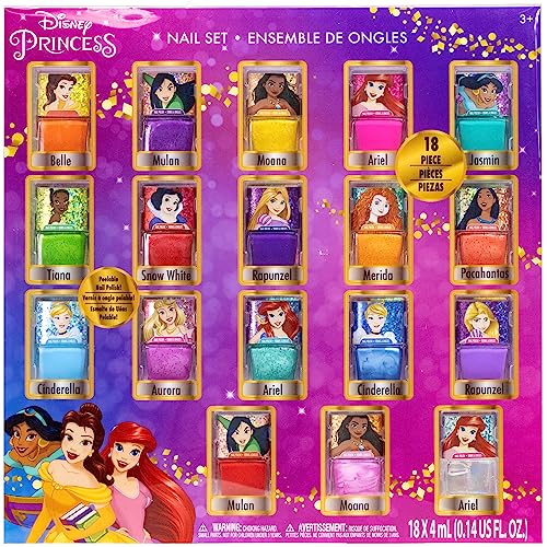 Disney Princess - Townley Girl Juego de esmaltes de uñas no tóxicos con colores brillantes y opacos con gemas para niñas y niños de 3 años en adelante, perfecto para fiestas, 18 piezas