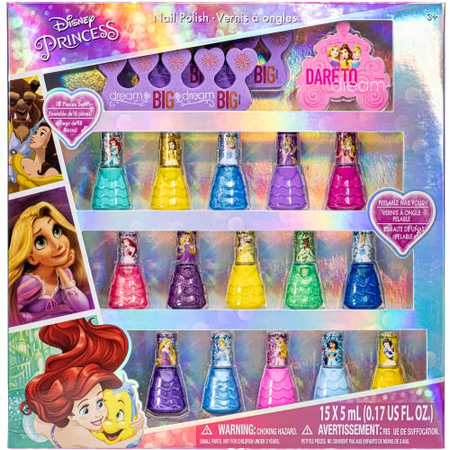 Disney Princess - Townley Girl Esmalte de uñas desprendible no tóxico | Juego de regalo para niños, niñas y niños pequeños | Colores brillantes y opacos | A partir de 3 años (18 piezas)