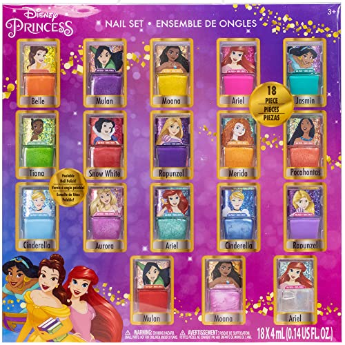 Disney Princess - Townley Girl Juego de esmaltes de uñas no tóxicos con colores brillantes y opacos con gemas para uñas para niñas y niños de 3 años en adelante, perfecto para fiestas, 18 piezas